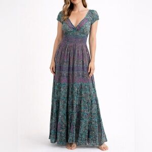 Cienna Designs Paisley Boho Maxi Dress Smocked Waist Tiered Skirt Size M